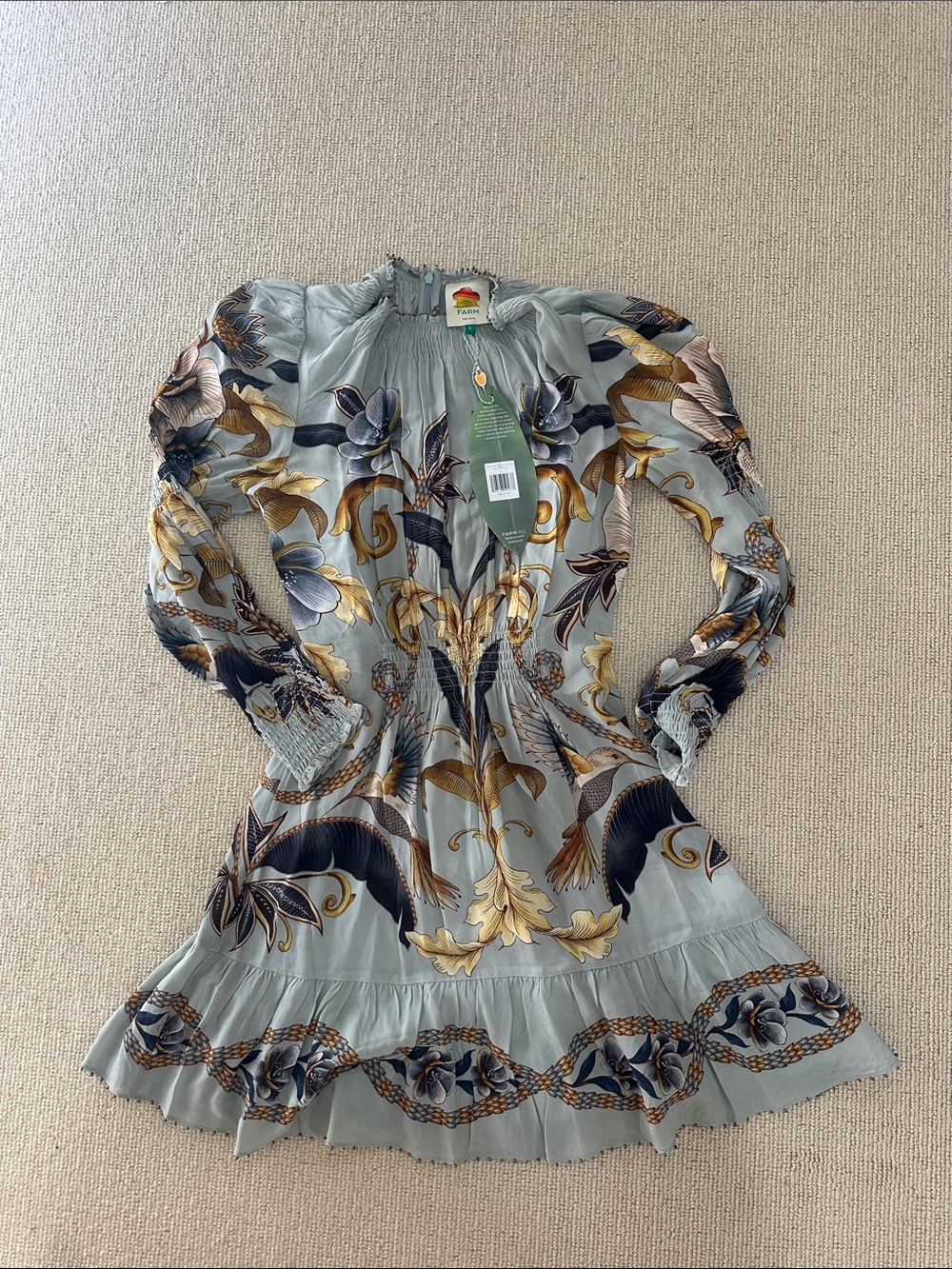 Farm rio snake garden Sage Green Floral Long-Sleeve Mini Dress small